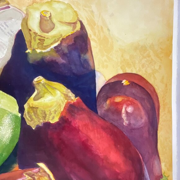 Vibrant Still Life Watercolor Painting Of Eggplants and Zucchini On Rustic Backg - Picture 5 of 9